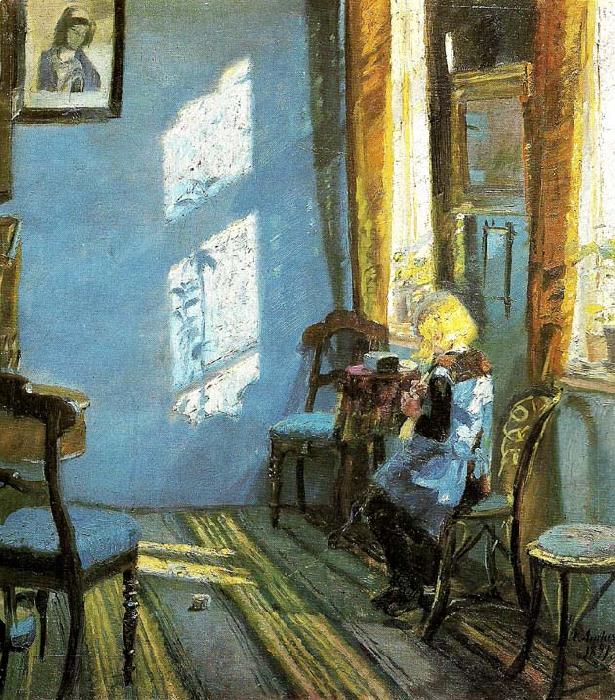 Anna Ancher solskin i den bla stue, helga ancher hakler ibedstemoderens stue oil painting image